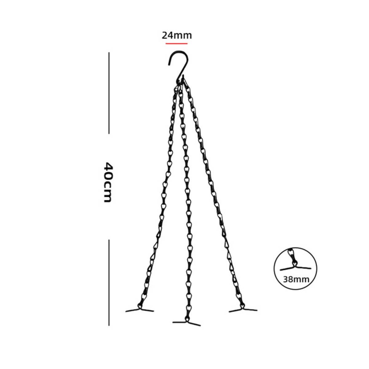 Illustration eines dreiarmigen Hängekettenhakens mit 24-mm-Oberhaken, 40 cm Länge und 38-mm-Fußdetail.