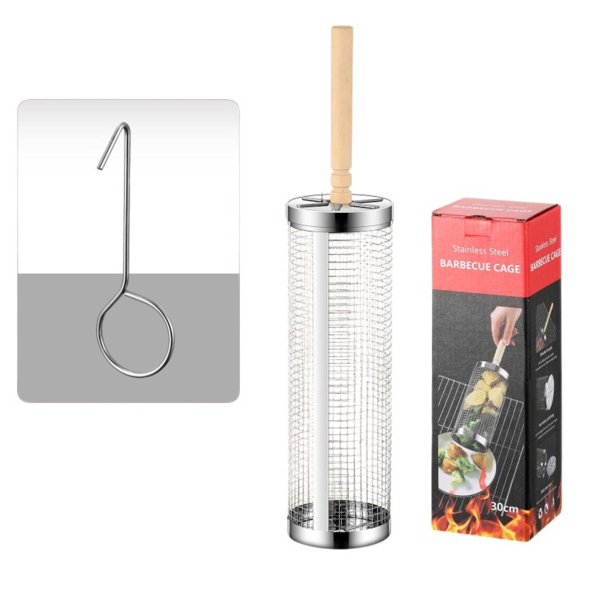 Edelstahlgrill-Korb mit Holzgriff und Verpackung, plus ein Metallhaken-Diagramm, das die Hängeform zeigt.