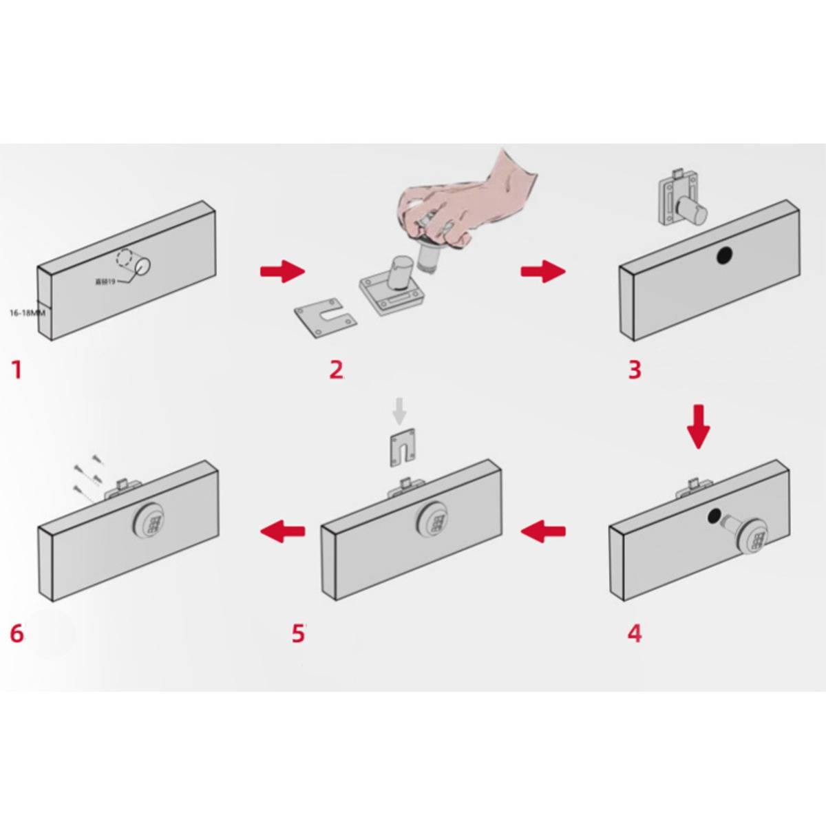 Diagramm mit sechs Schritten zur Installation eines Türgriffschlösses: Teile einführen, Platte befestigen und Knauf sowie abschließende Montage anbringen.