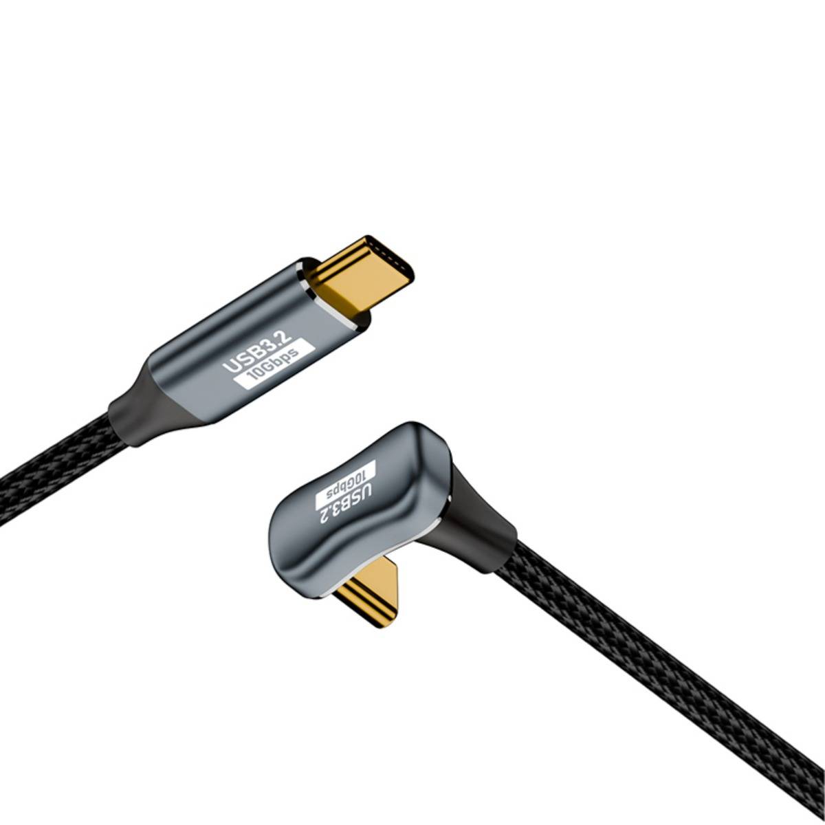 Zwei schwarze geflochtene USB-C-Kabel mit gewinkelte Steckverbindern, beschriftet mit USB 3.2 10Gbps, auf weißem Hintergrund dargestellt.