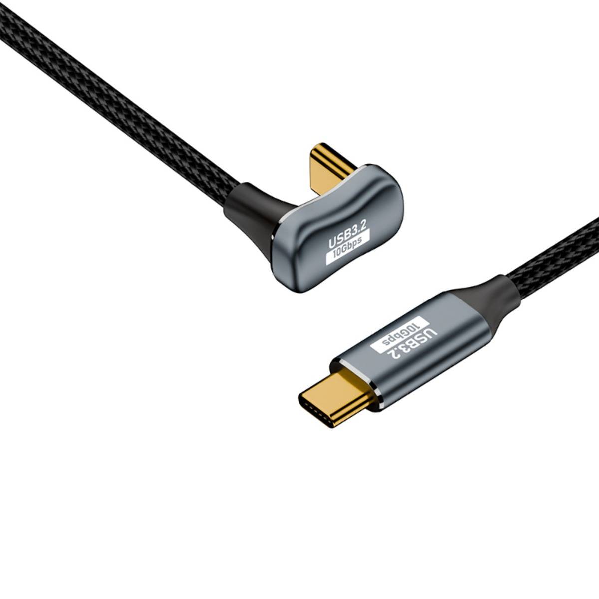 Zwei angewinkelte Ansichten eines geflochtenen USB-C-Kabels mit Metallsteckern, die mit "USB3.2 10Gbps"" und ""USB3.2"" gekennzeichnet sind, auf weißem Hintergrund.