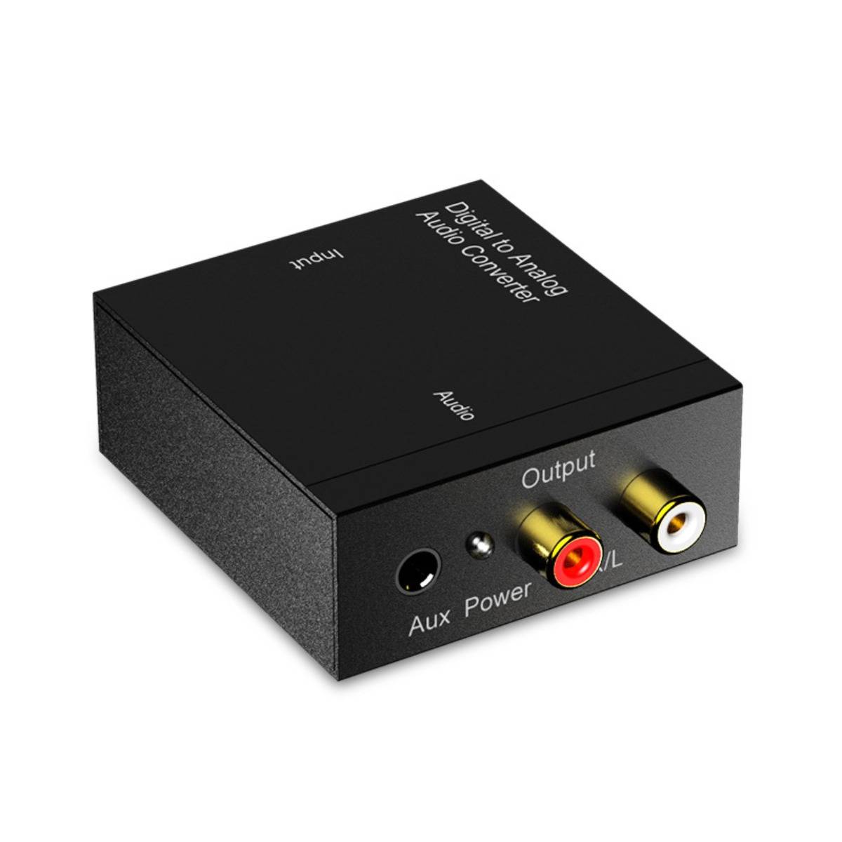 Schwarze Digital-zu-Analog-Audio-Konvertierbox mit Eingang, Zusatzstromversorgung und roten/weißen Ausgabe-RCA-Anschlüssen.