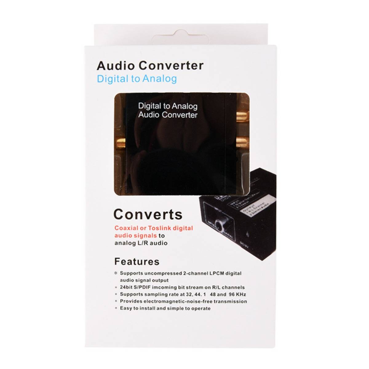 Paket für ein "Audio-Konverter"" ""Digital-zu-Analog"" Gerät, das den Konverter und Funktionen zur Umwandlung von Koaxial- oder Toslink-Digitalaudiosignalen in analoges L/R-Audio zeigt.