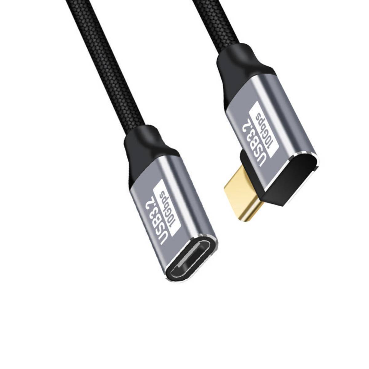 Geflochtenes USB-C-zu-USB-C-Kabel mit silbernen Anschlüssen, an einem Ende das USB-3.2-Logo und am anderen Stecker ein umkehrbarer USB-C-Stecker.