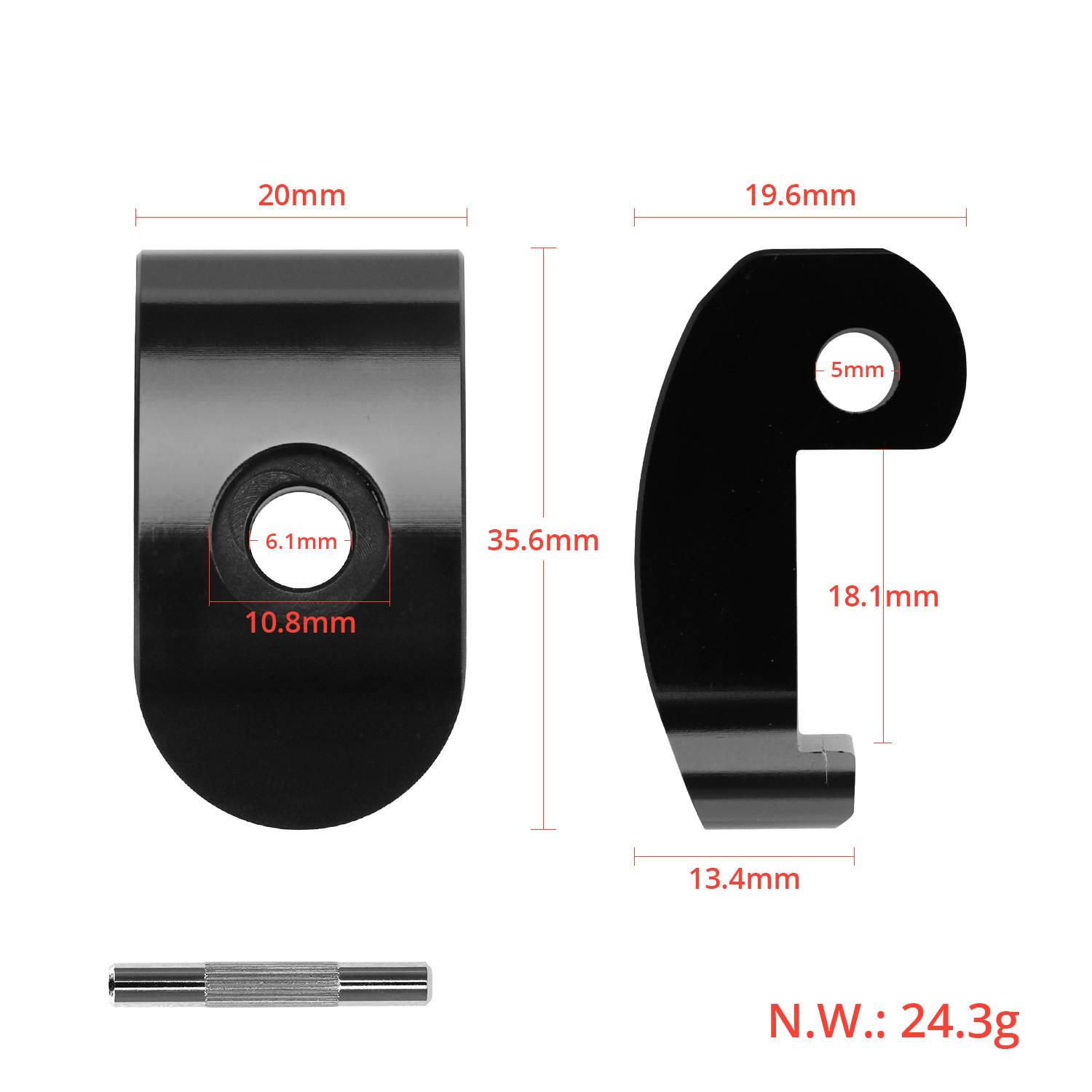 Schwarzes Metallwinkelstück dargestellt von vorne und von der Seite mit Abmessungen in Millimetern, einschließlich 20 mm Breite, 35,6 mm Höhe und einem 5 mm Loch.
