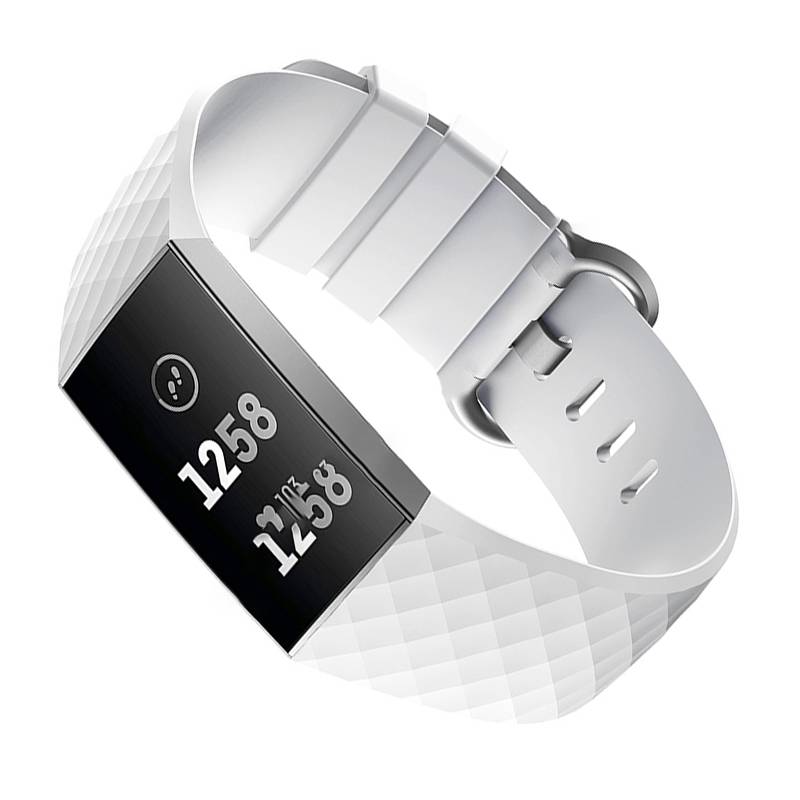Silbernes Fitness-Tracker-Armband mit schwarzem Display, das "1258"" und ""1438"" anzeigt, in einer Schrägansicht auf weißem Hintergrund.