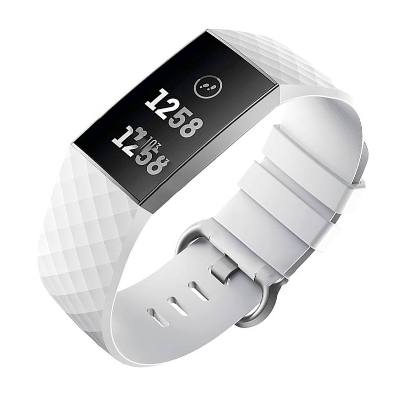 Weiße Fitness-Tracker-Smartwatch mit schwarzem Display, auf dem "1258"" und ""1158"" angezeigt werden, auf einem weißen Armband vor einfachem Hintergrund.