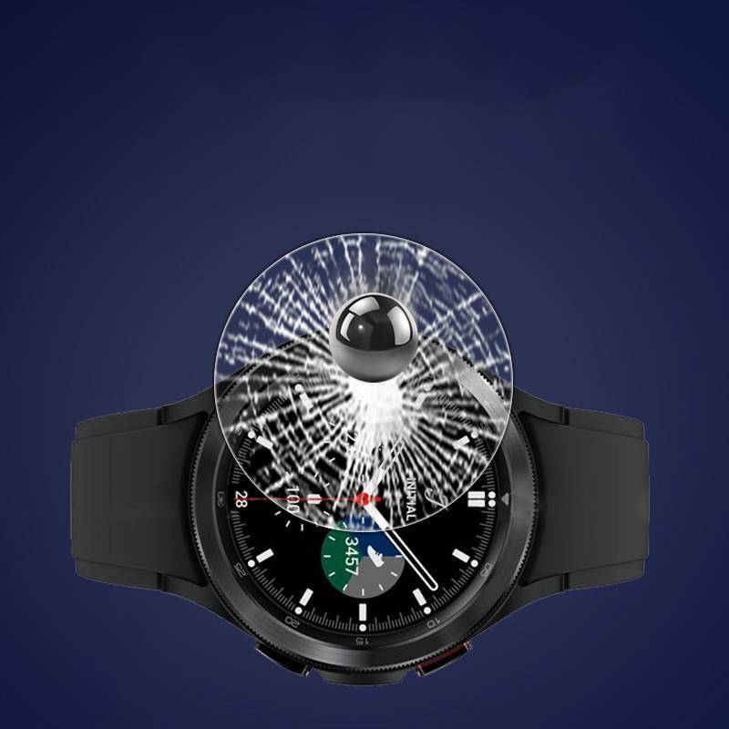 Eine schwarze Smartwatch mit einem beschädigten, zersplitterten Bildschirm vor dunkelblauem Hintergrund.