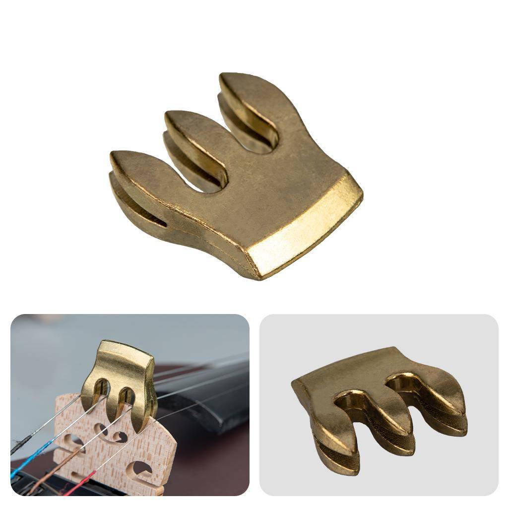 Ein goldfarbener Gitarrensteg-Sattel, dargestellt einzeln und auf einem Gitarrensaitensteg installiert in zwei Nahaufnahmen.