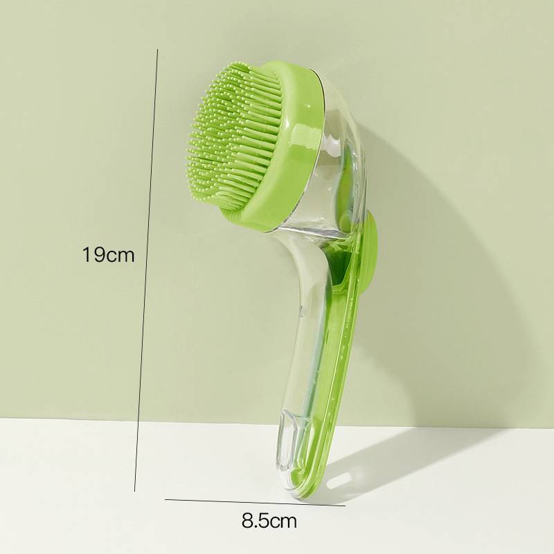 Grüne tragbare Reinigungsbürste mit transparentem Griff, dargestellt mit beschrifteten Abmessungen von 19 cm Höhe und 8,5 cm Breite.