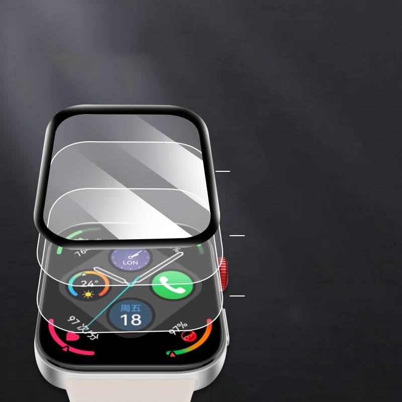 Explodierte Ansicht einer Smartwatch mit Glasbildschirmschutz und darunter liegendem mehrschichtigem digitalem Zifferblatt, gekrümmten Seitenbedienelemente und silbernem Gehäuse.
