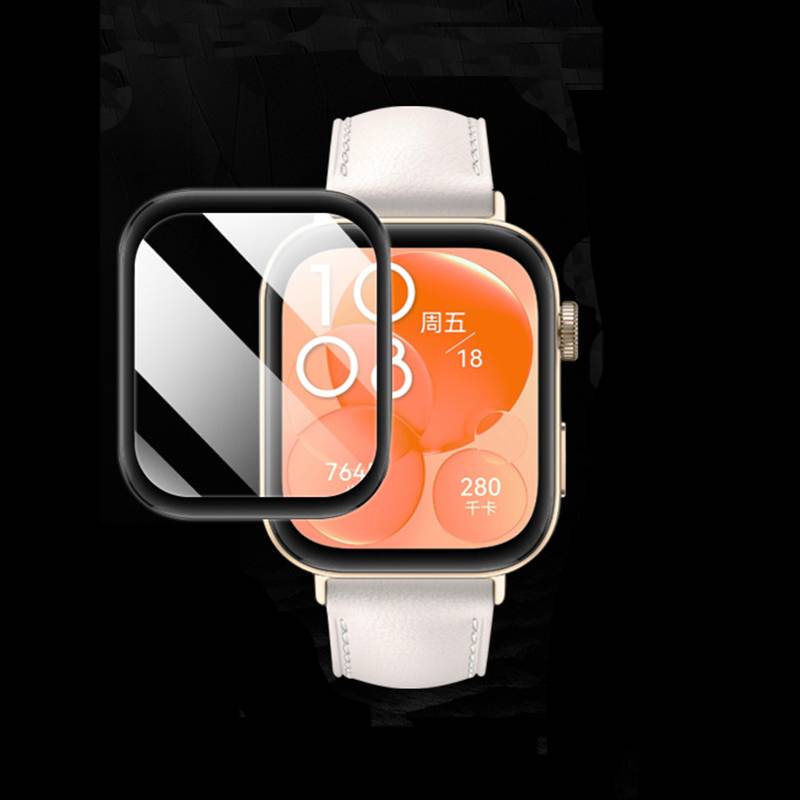 Eine quadratische Smartwatch mit weißem Armband und orangefarbenem Display wird von vorne gezeigt, wobei eine Schutzfolie teilweise die linke Seite überlappt.