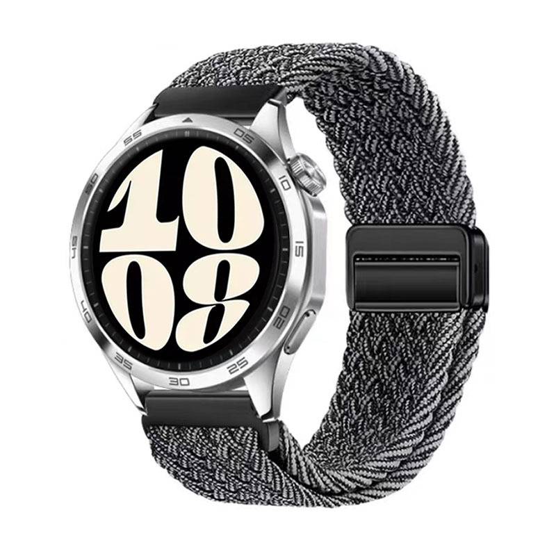 Silberne Smartwatch mit gewebtem grauem Armband, zeigt große 