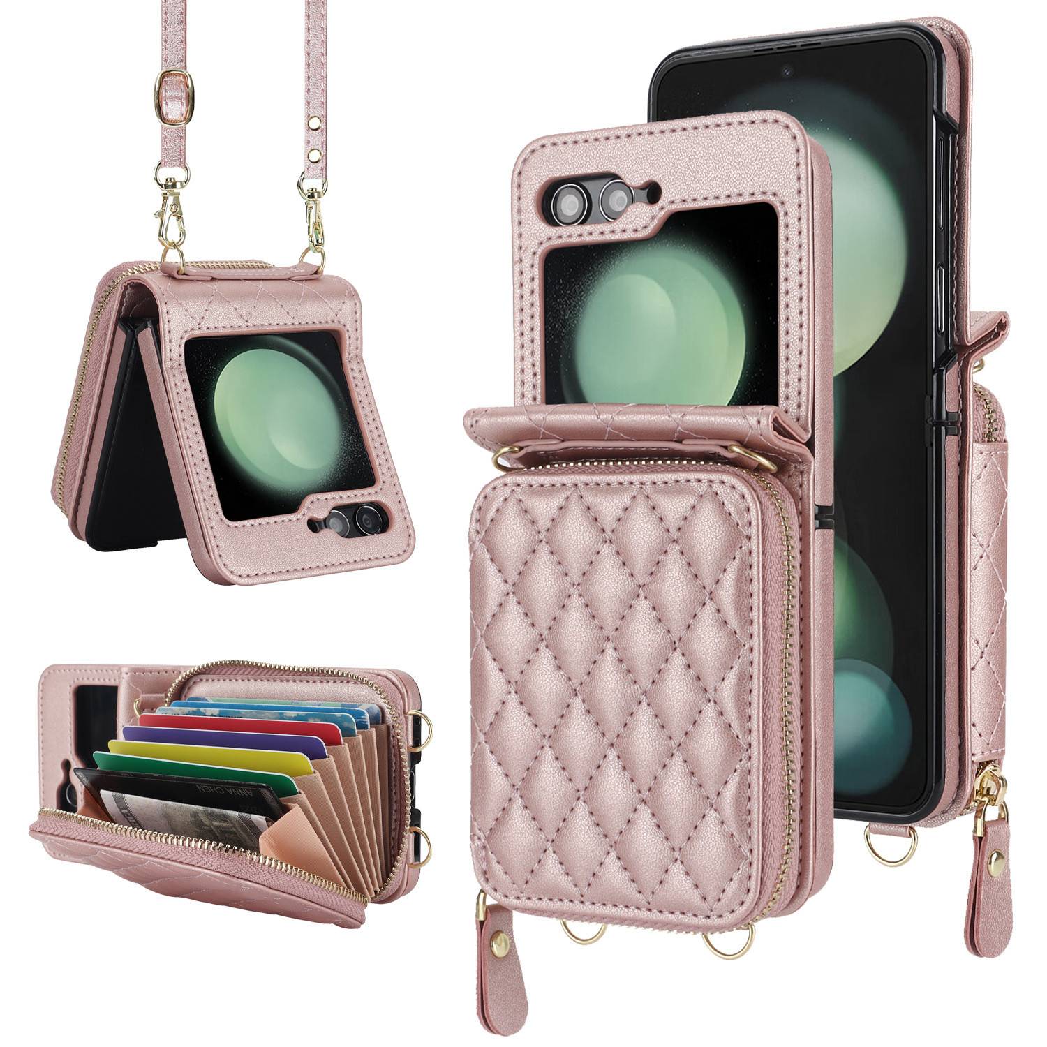 Rosafarbene gesteppte Handy-Crossbody-Geldbörse mit Riemen, Kartenfächern und ausklappbarem Ständer, dargestellt geschlossen, offen und ein Telefon haltend.