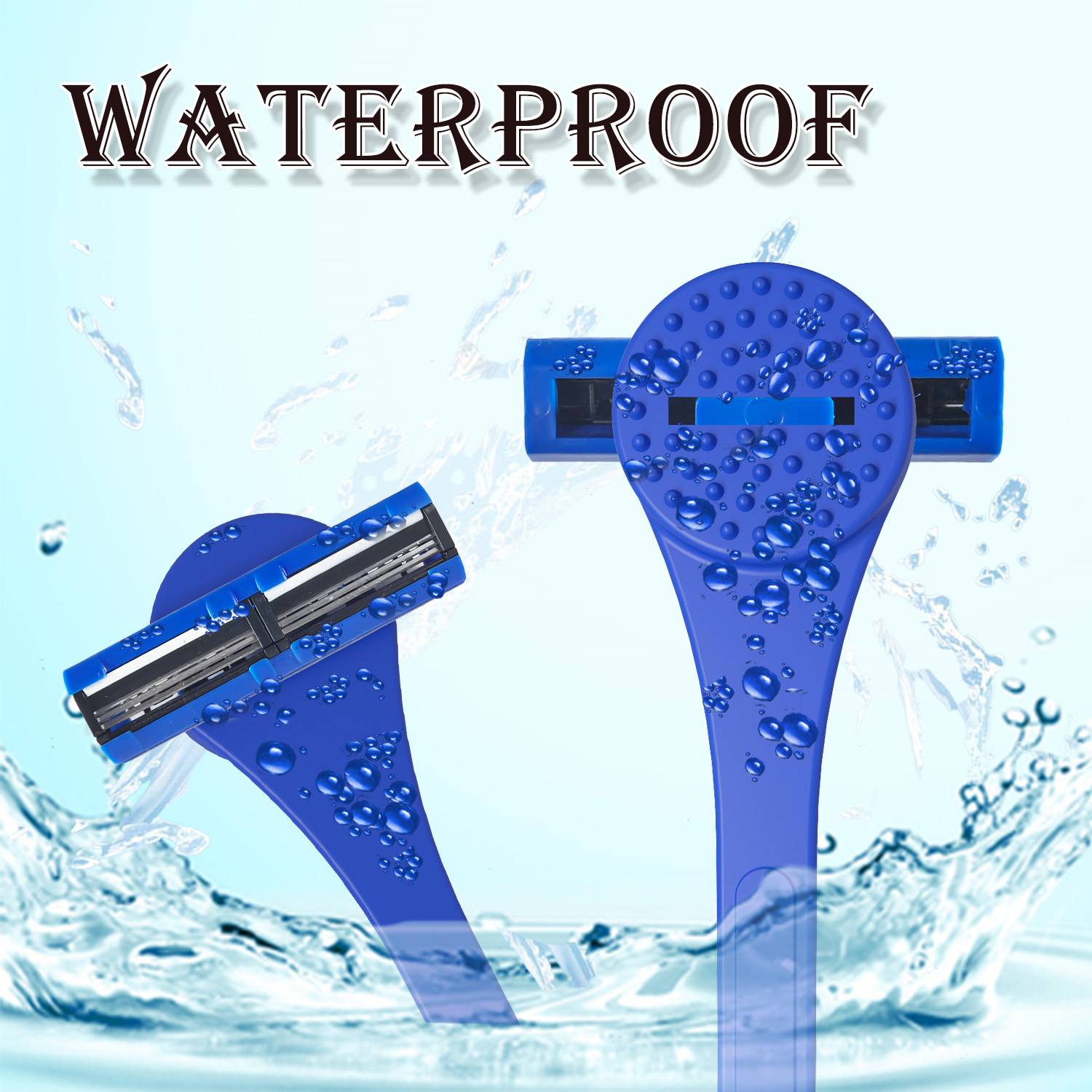 "WASSERDICHT" Text über zwei blauen Rasiern, die durch Wasser spritzen, wobei die Wasserbeständigkeit betont wird.