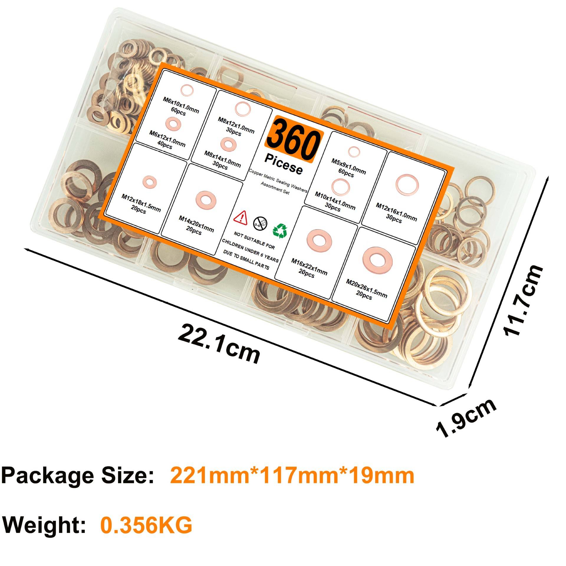Transparente Kunststoffbox mit 360 Kupferscheiben, gezeigt mit Größenangaben 22,1 cm x 11,7 cm x 1,9 cm und Packungsgröße 221 mm x 117 mm x 19 mm.