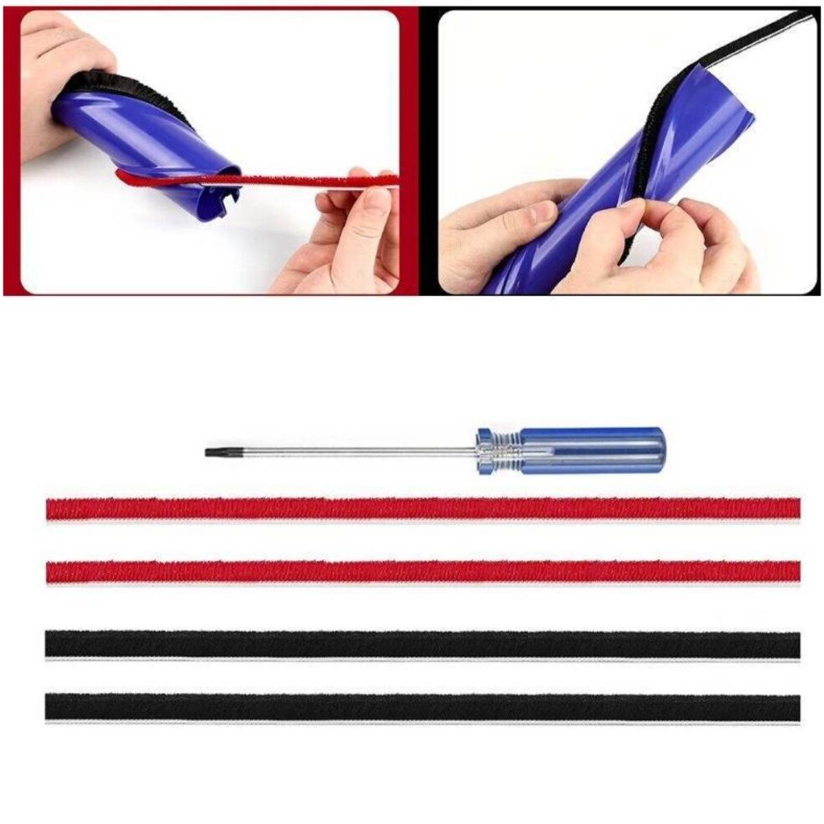 Produktdemonstration zeigt einen Schraubenzieher, der verwendet wird, um eine blaue Klettverschluss-Kabelrolle zu öffnen, mit roten und schwarzen Klettverschluss-Riemen und einem Schraubenzieher darunter.
