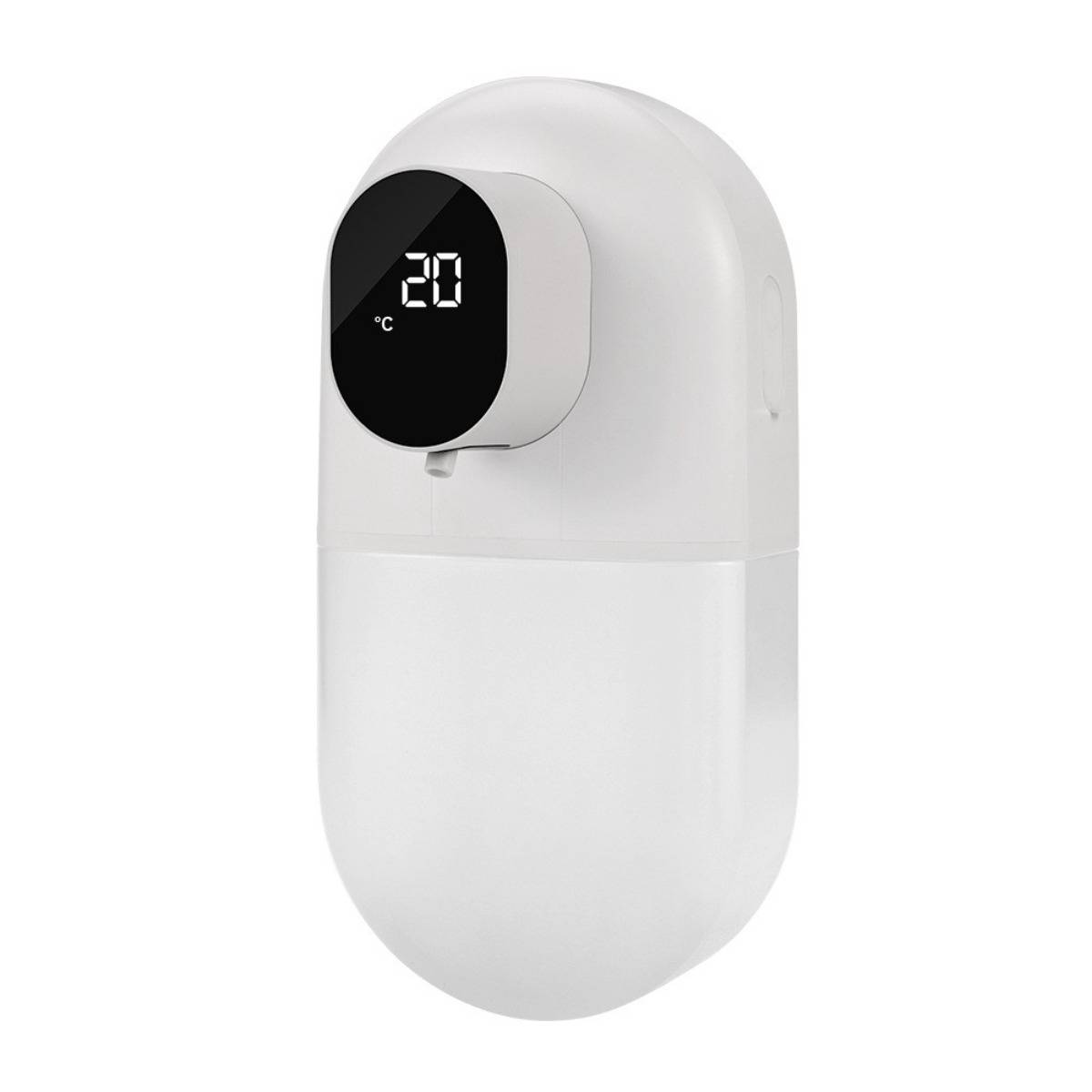 Weiß installiertes Wandgerät mit digitaler Anzeige, die 20°C anzeigt, wahrscheinlich ein Thermostat oder Temperatursensor.