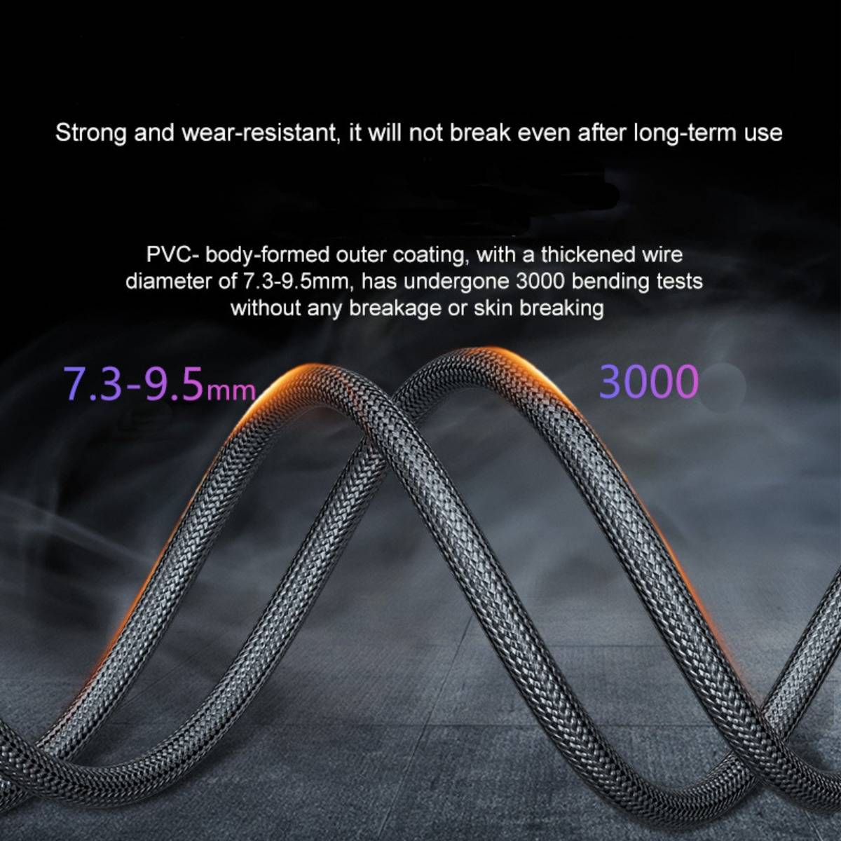 Werbegrafik eines geflochtenen Kabels mit Hervorhebung der PVC-Beschichtung, Dicke von 7,3–9,5 mm und 3000 Biegeversuche ohne Bruch oder Hautbeschädigungen.
