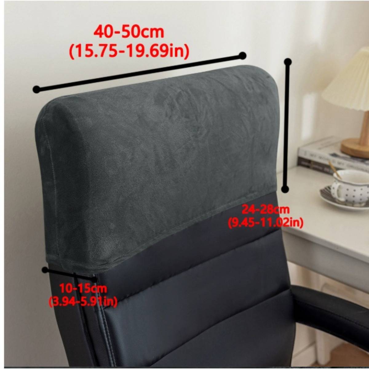 Diagramm mit Größenleitfaden für Bürostuhl-Kopfstützen: Breite 40-50 cm, Höhe 24-28 cm, unterer Bereich 10-15 cm.