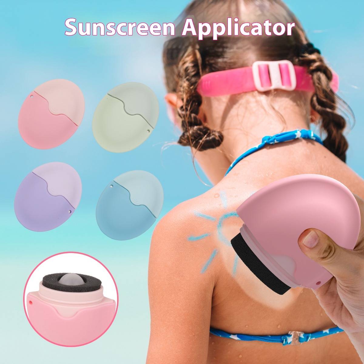 Illustration eines „Sonnenschutzmittel-Applikators" zum Auftragen von Lotion auf den Rücken eines Kindes, mit Farboptionen und einer Nahaufnahme des Applikatorgeräts.