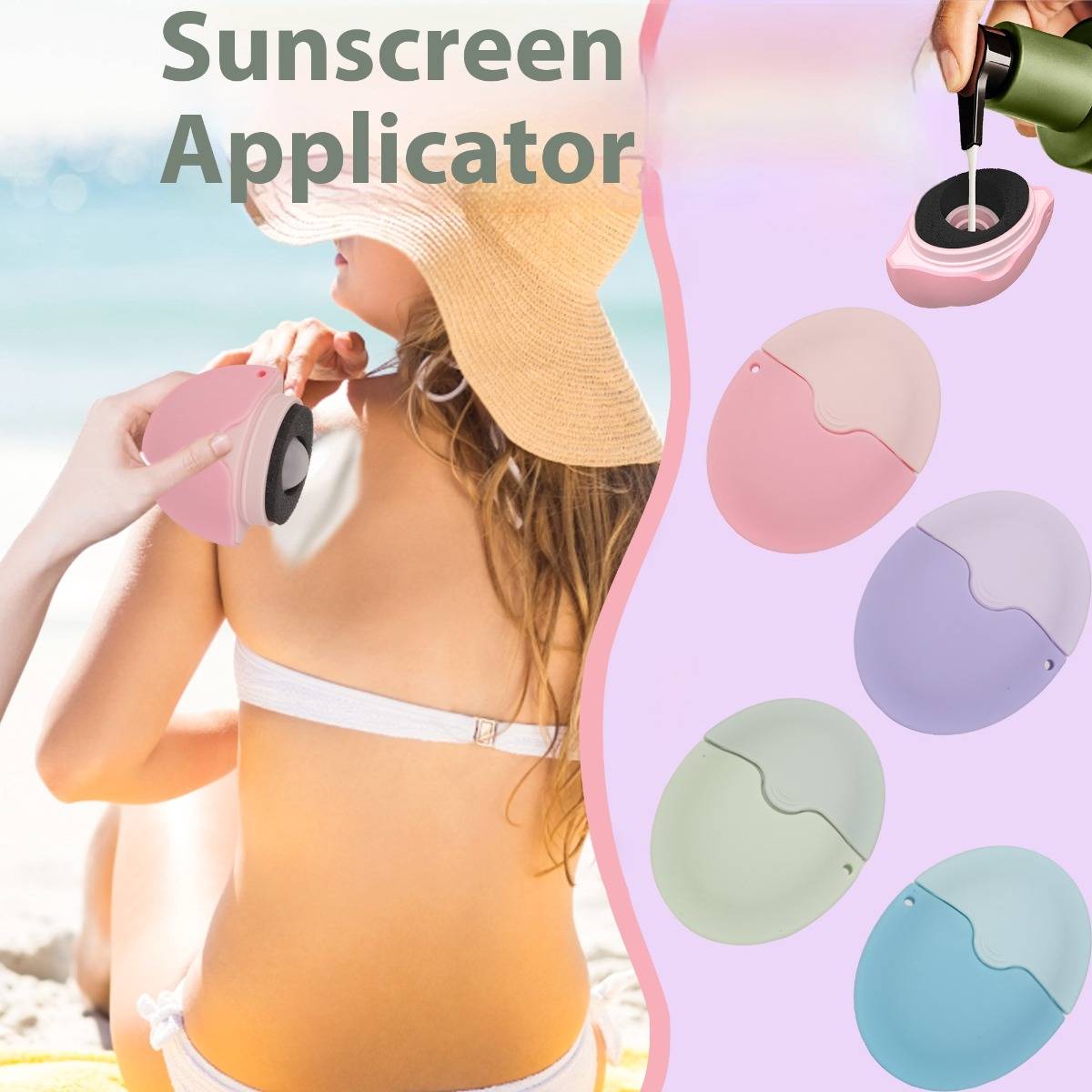 Werbebild eines Sonnencreme-Applikators: Eine Frau trägt Sonnencreme mit einer rosa tragbaren Rolle auf ihre Schulter auf, daneben sind Produktbilder in mehreren Pastellfarben zu sehen.