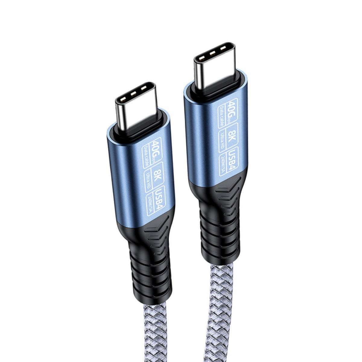 Zwei geflochtene USB-C-Kabel nebeneinander gezeigt, jeweils mit blau-schwarzen Steckern, die mit 40G, 8K und USB4 gekennzeichnet sind.
