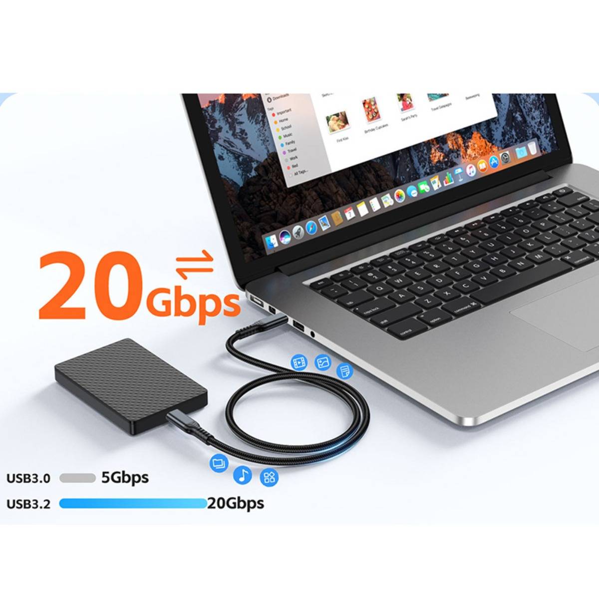 Werbebild eines Laptops, der mit einem externen Laufwerk verbunden ist, wobei die USB-3.2-Geschwindigkeit von 20 Gbps mit USB 3.0 bei 5 Gbps verglichen wird.