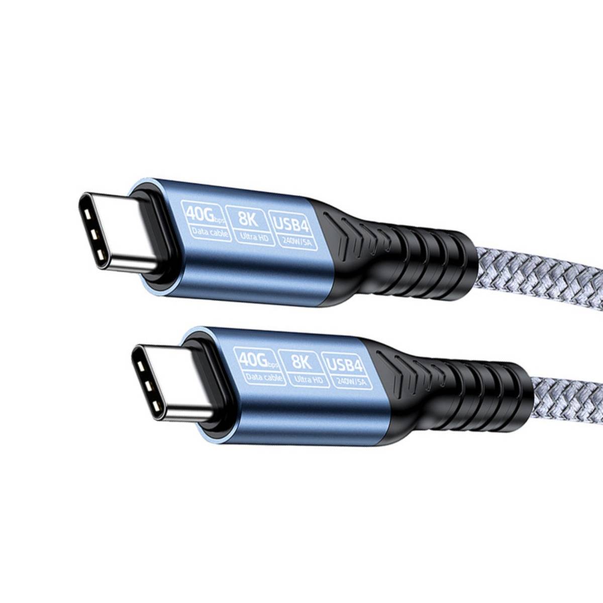 Zwei geflochtene USB-C-Lade-/Datenkabel mit metallischen Anschlüssen, die mit „40G", „8K"" und „USB4"" gekennzeichnet sind, auf weißem Hintergrund.