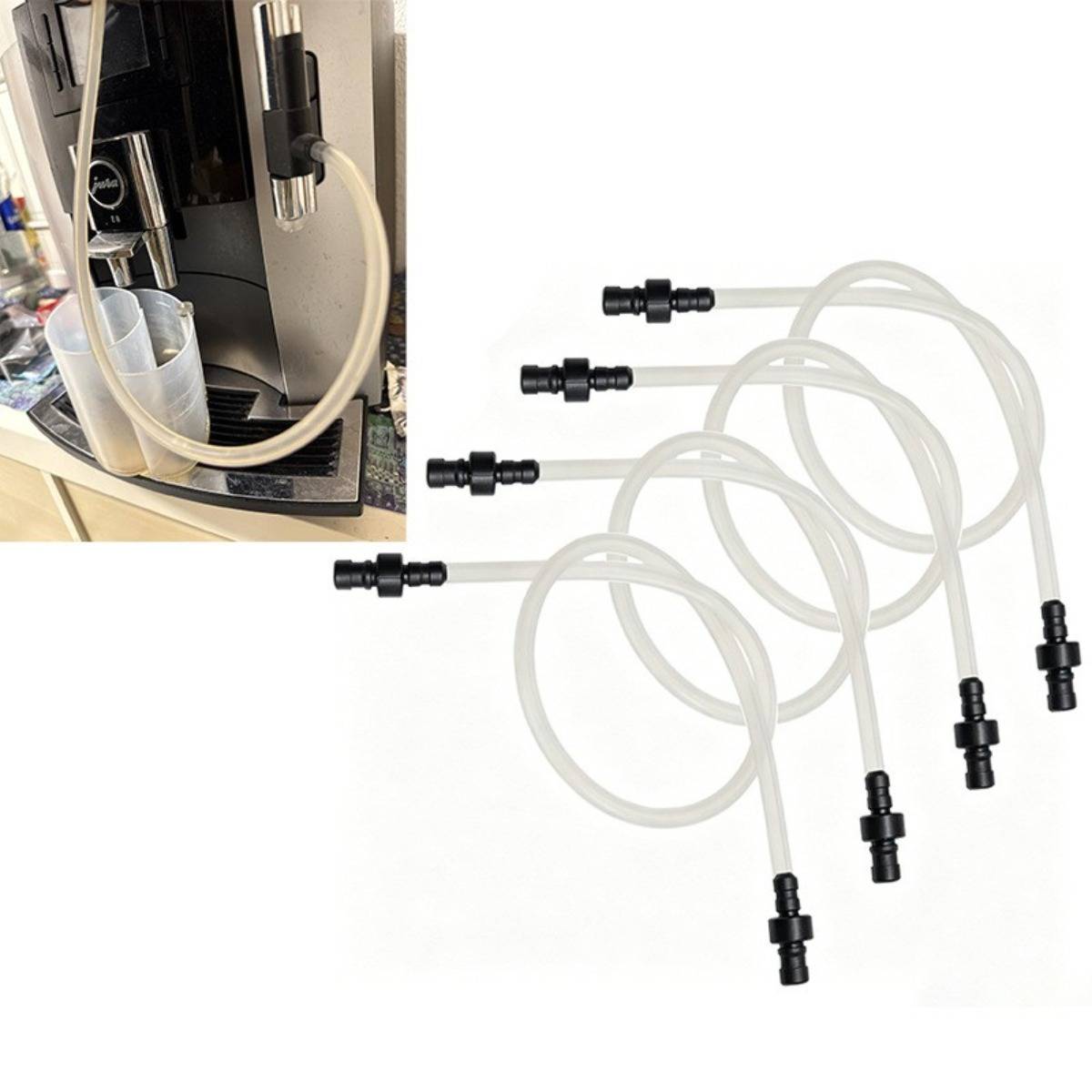 Kaffeemaschinenschlauch-Set mit vier transparenten Schläuchen und schwarzen Anschlüssen, in einem kleinen Detailfoto auf einer Kaffeemaschine installiert gezeigt.
