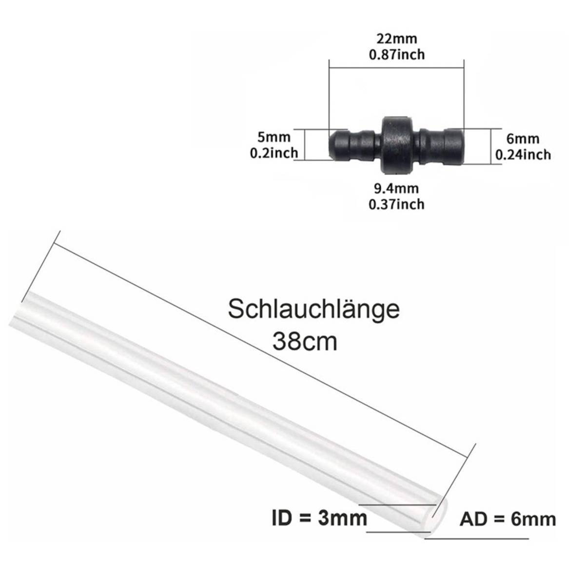 Diagramm eines durchsichtigen Schlauchs mit Steckermaßen: Schlauchlänge 38 cm, Innendurchmesser 3 mm, Außendurchmesser 6 mm; Stecker misst 22 mm Länge, 9,4 mm Breite, mit 5 mm und 6 mm Enden.