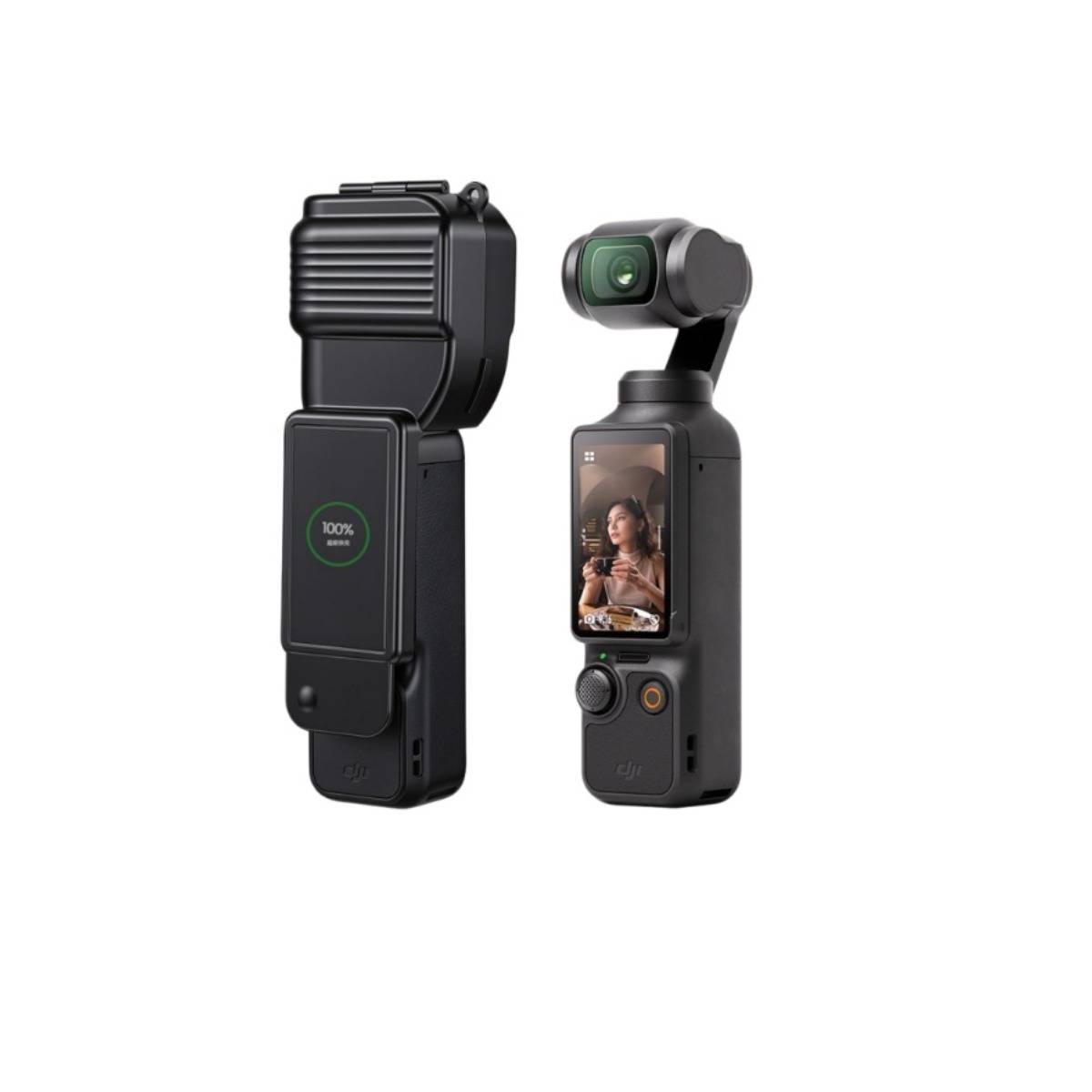 Tragbares Kamera-Gimbal in schwarz, von vorne und hinten gezeigt, mit klappbarem Griff, kleinem Display und montiertem Kameramodul.