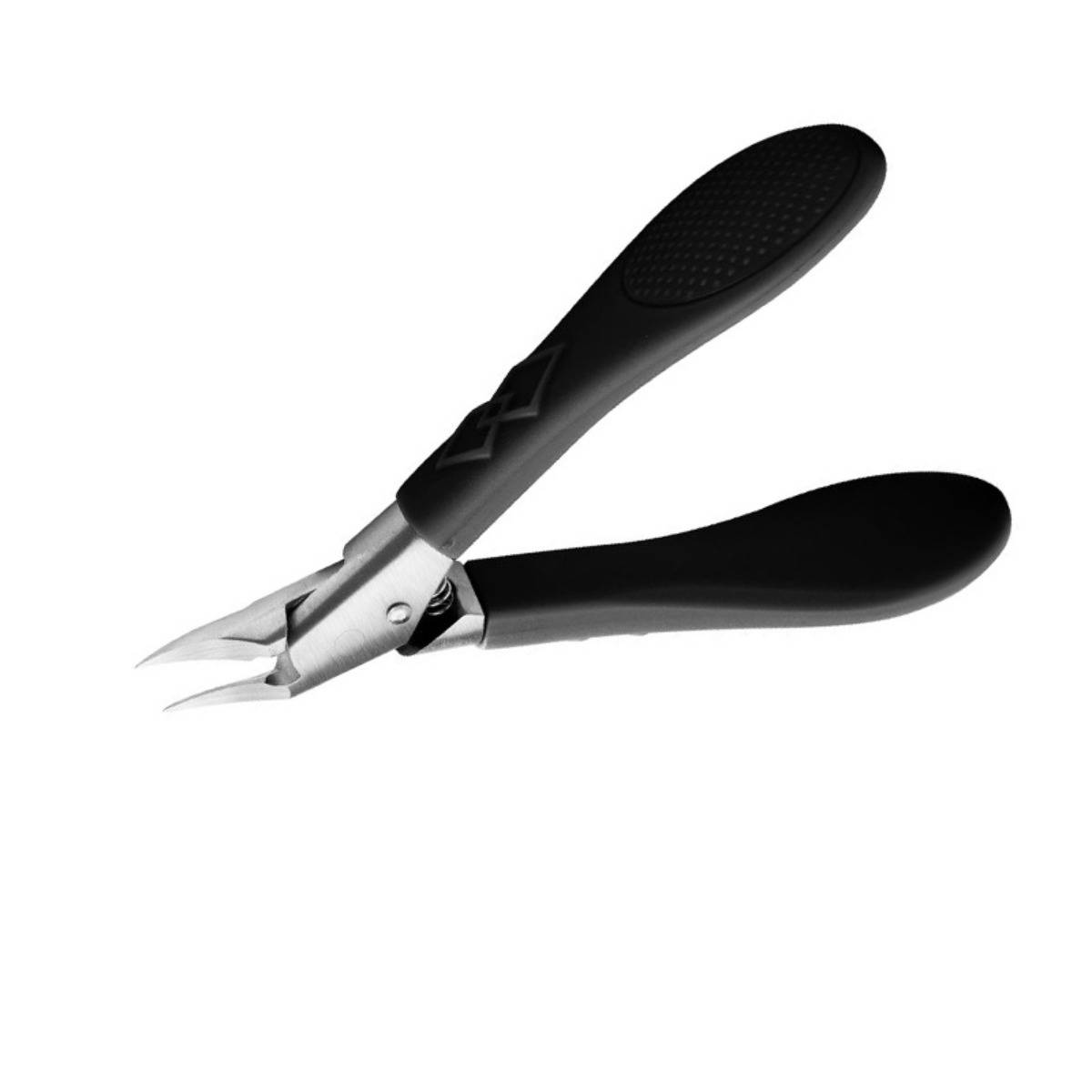 Metallnagelschere mit schwarzem Griff auf weißem Hintergrund.