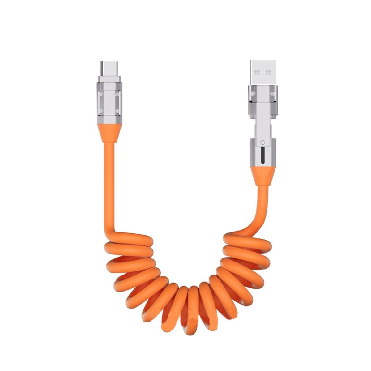 Oranges Spiralkabel mit zwei verschiedenen Steckern an jedem Ende, isoliert auf weißem Hintergrund dargestellt.