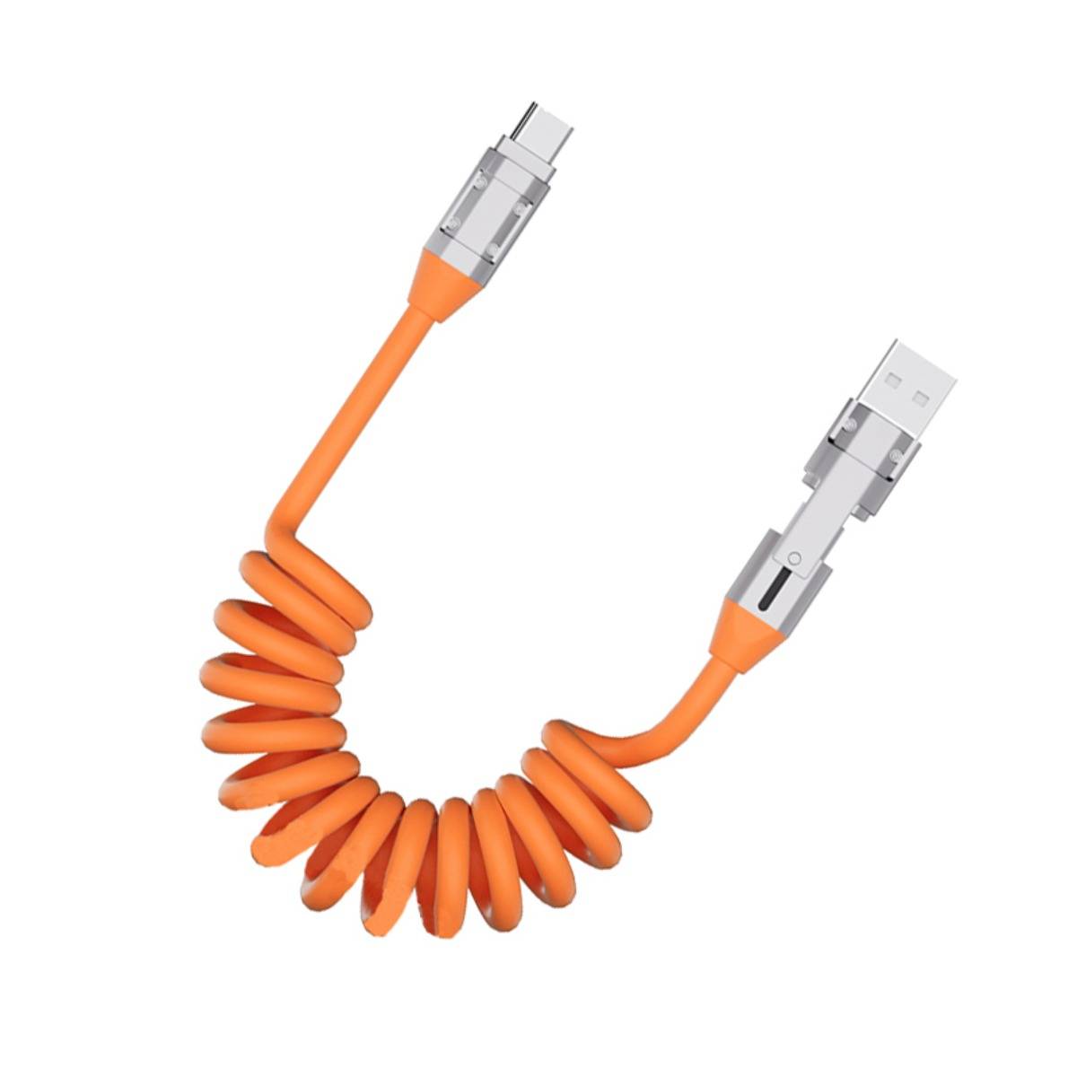 Orange aufgerolltes USB-Kabel mit silbernen Steckern auf weißem Hintergrund.