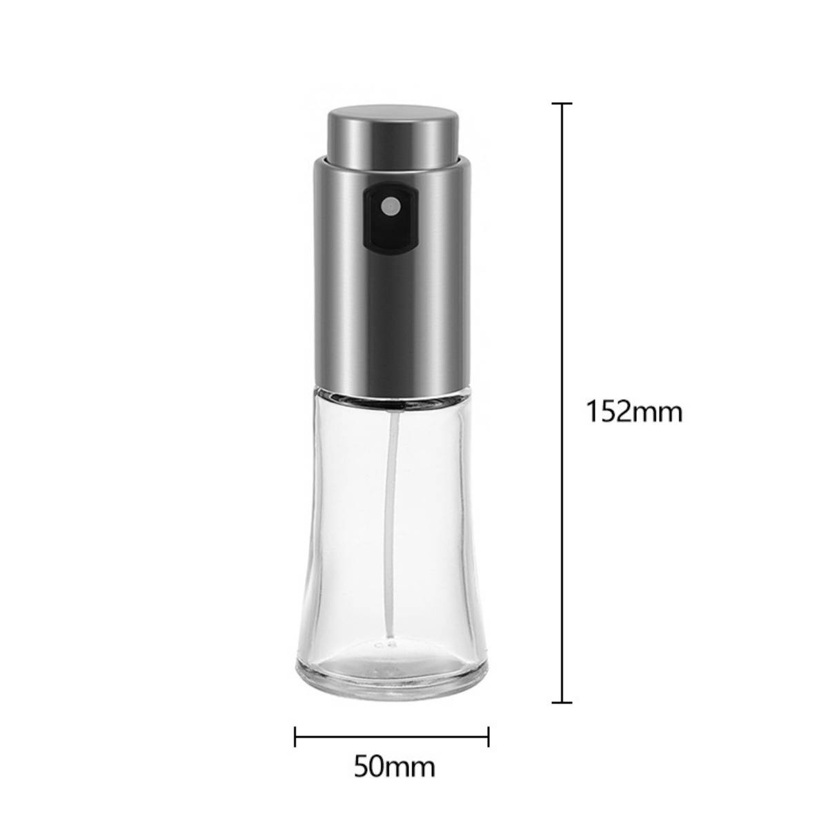 Silberne Sprühflasche mit klarem Glasboden, gezeigt mit Abmessungen von 152 mm Höhe und 50 mm Breite.