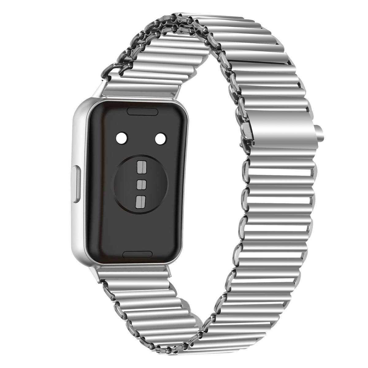 Silberne Smartwatch mit Metallgliedband, Vorderansicht auf weißem Hintergrund.