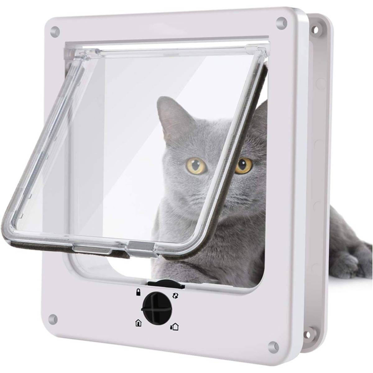 Graue Katze, die durch eine klare Kunststoff-Haustiertür-Klappe in einem weiß angebrachten Rahmen schaut.