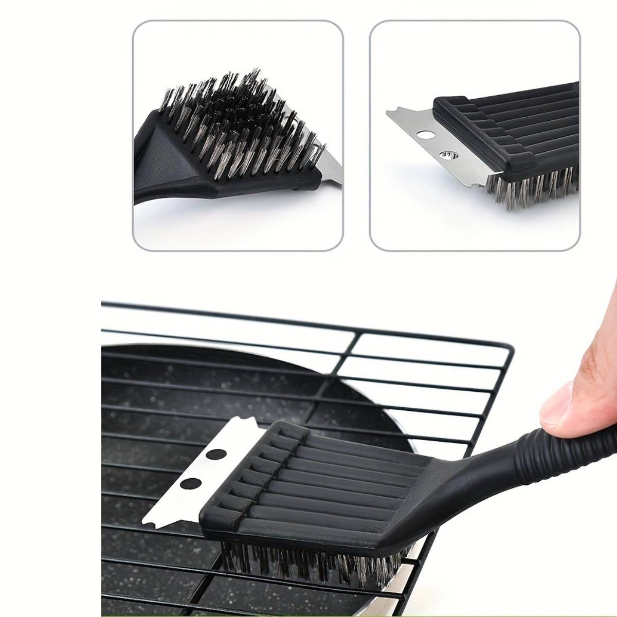 Nahaufnahme einer Grillreinigungsbürste mit Metallschaber und Borsten, die einen Grillrost reinigt; Detailaufnahmen zeigen den Bürstenkopf und die Borsten.
