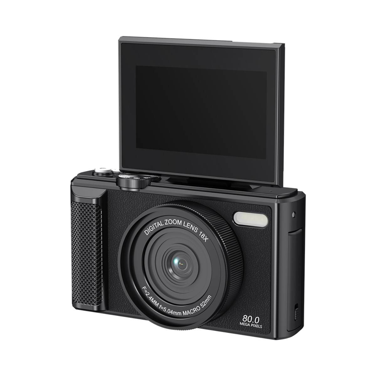 Schwarze digitale Kamera mit hochklappbarem Display und großem Objektiv, Vorderansicht auf weißem Hintergrund gezeigt.
