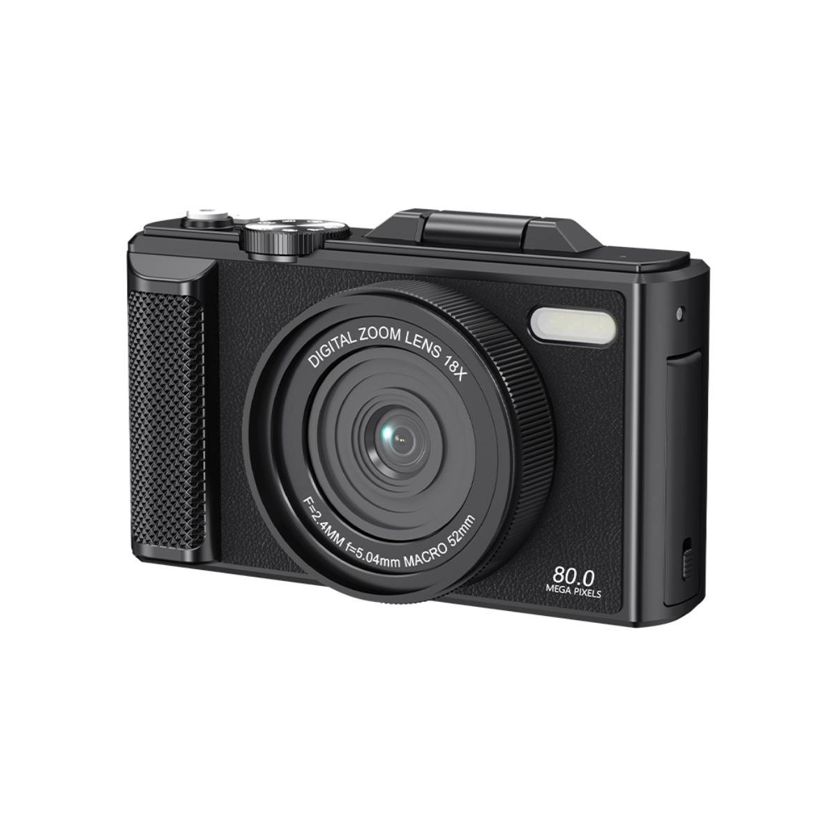 Schwarze kompakte Digitalkamera mit großem Objektiv, Griff und eingebautem Blitz auf weißem Hintergrund, beschriftet mit 80,0 Megapixeln.
