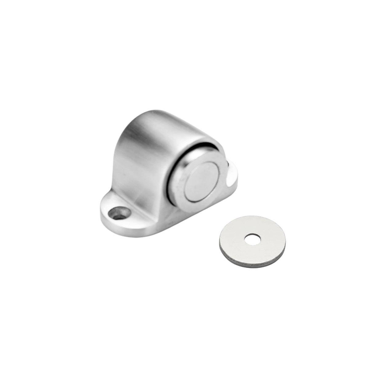 Edelstahlmagnetischer Verschluss mit Montagebasis und separater runder Metallschlagplatte auf weißem Hintergrund.