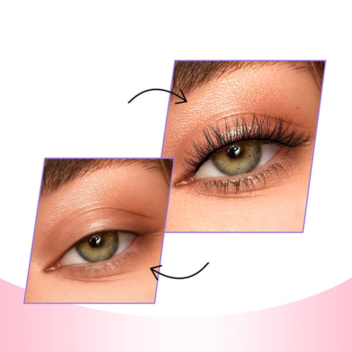 Vorher-und-Nachher-Nahaufnahme des Auges, die ein nacktes Augenlid zeigt, das in ein geschminktes Auge mit Mascara und definierten Wimpern umgewandelt wurde.