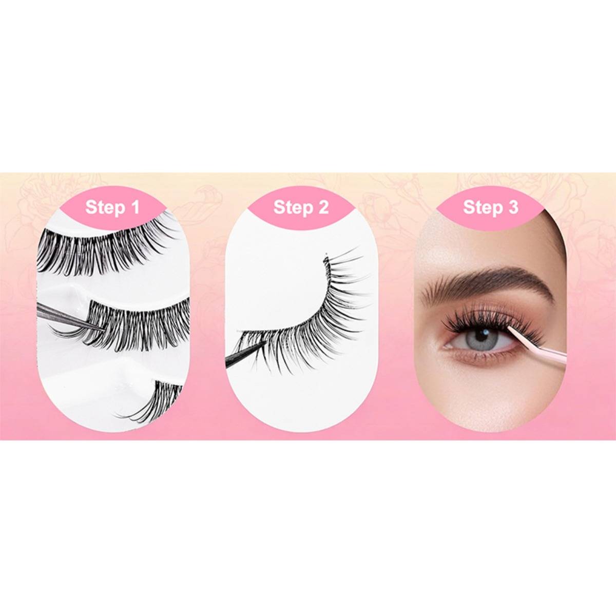 Dreischrittiger Anleitung zur Wimpernanbringung, die das Platzieren von Wimpern, das Vorbereiten eines Wimpernstreifens und das Auftragen auf ein Auge mit einer Pinzette zeigt.