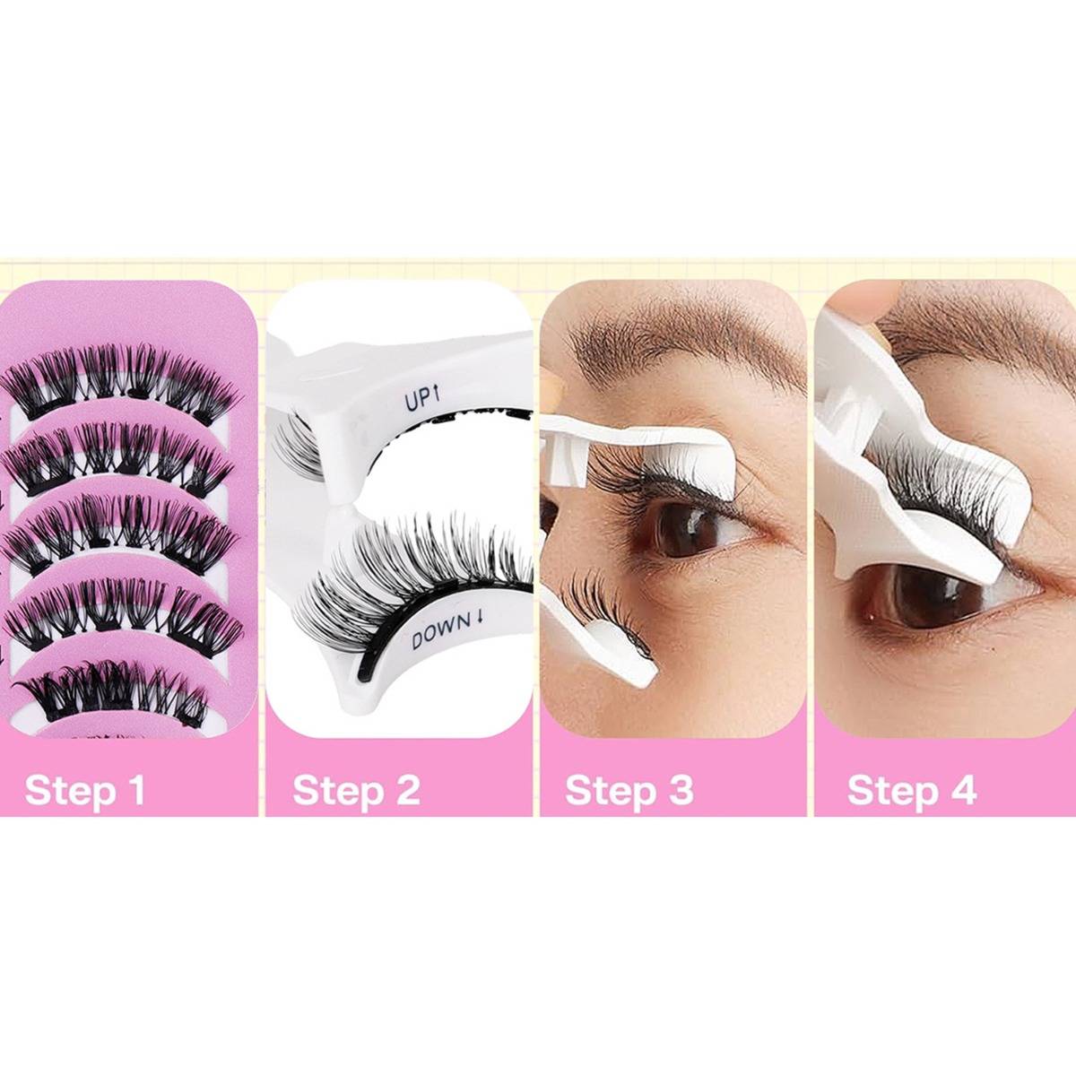 Vierteiliger Anleiter für die Wimpernapplikator-Anwendung mit den Schritten 1–4: Wimpern aufnehmen, im Werkzeug positionieren und dann auf das Auge auftragen.
