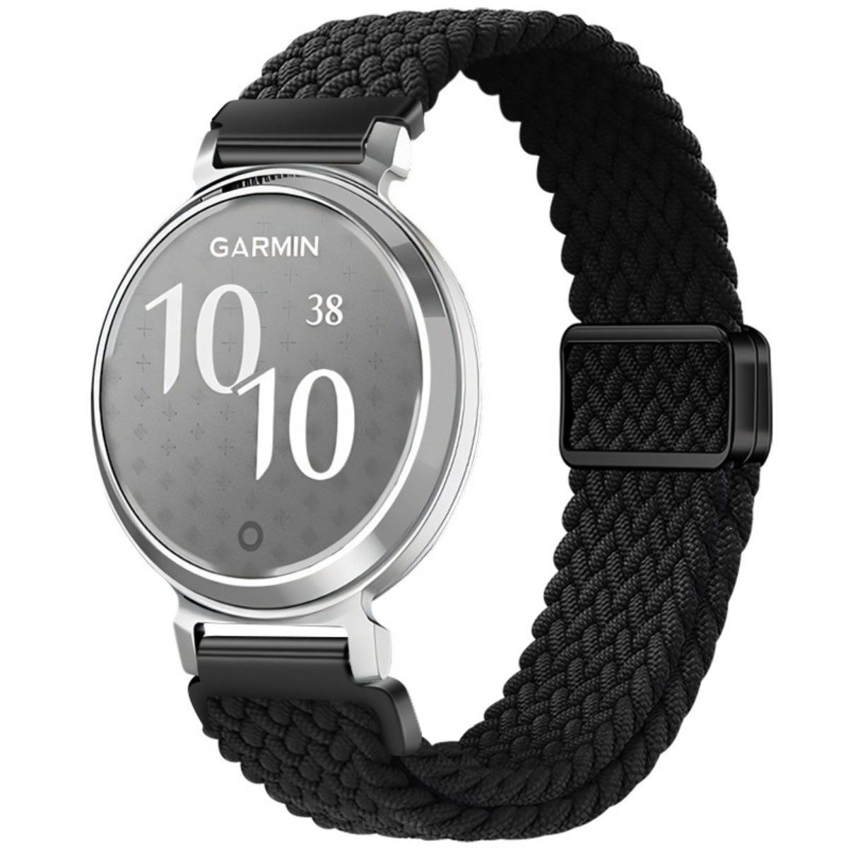 Garmin-Smartwatch mit silbernem rundem Zifferblatt, das 10:10 anzeigt, und schwarzem geflochtenem Armband auf weißem Hintergrund.