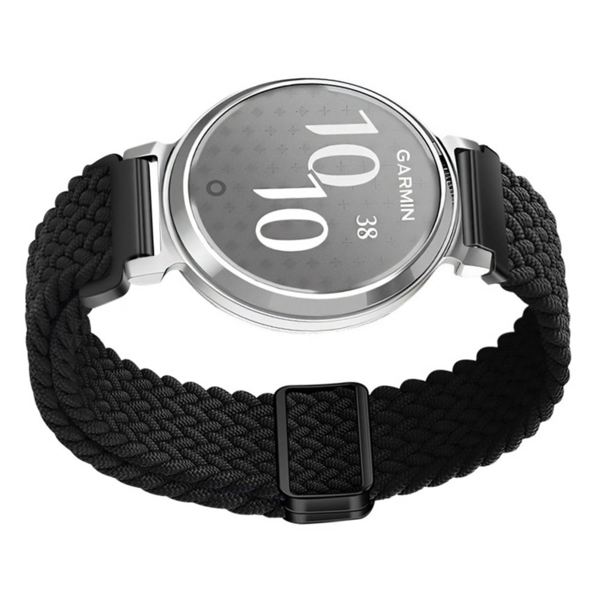 Garmin-Smartwatch mit silbernem rundem Zifferblatt und schwarzem Gewebearmbad, gezeigt auf weißem Hintergrund.