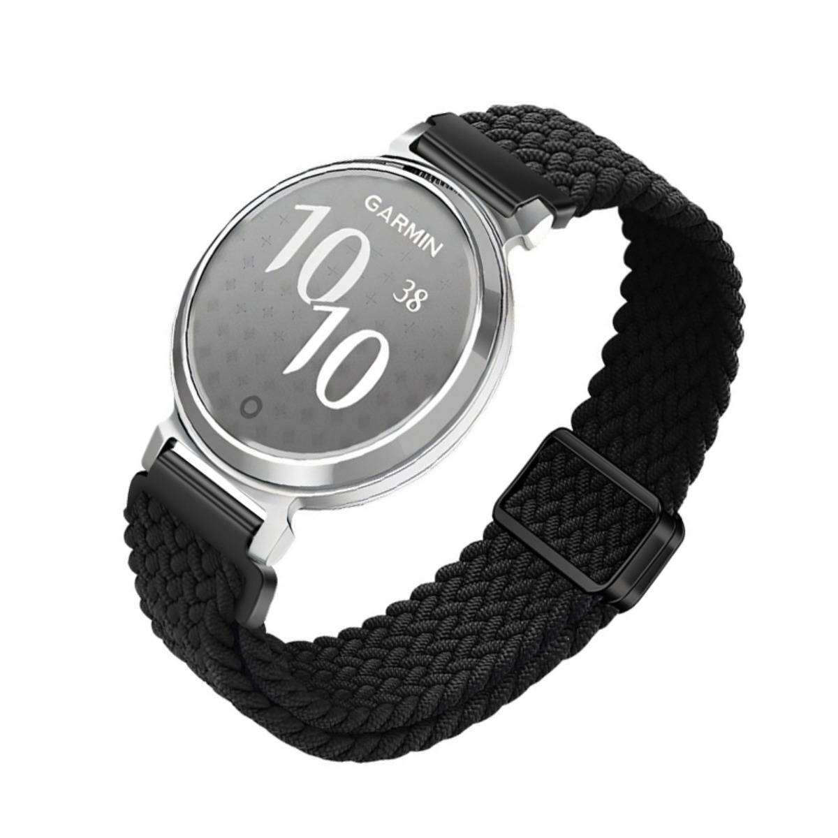 Garmin Smartwatch mit rundem Gehäuse in Silber und schwarzem gewebtem Stoffarmband auf weißem Hintergrund.
