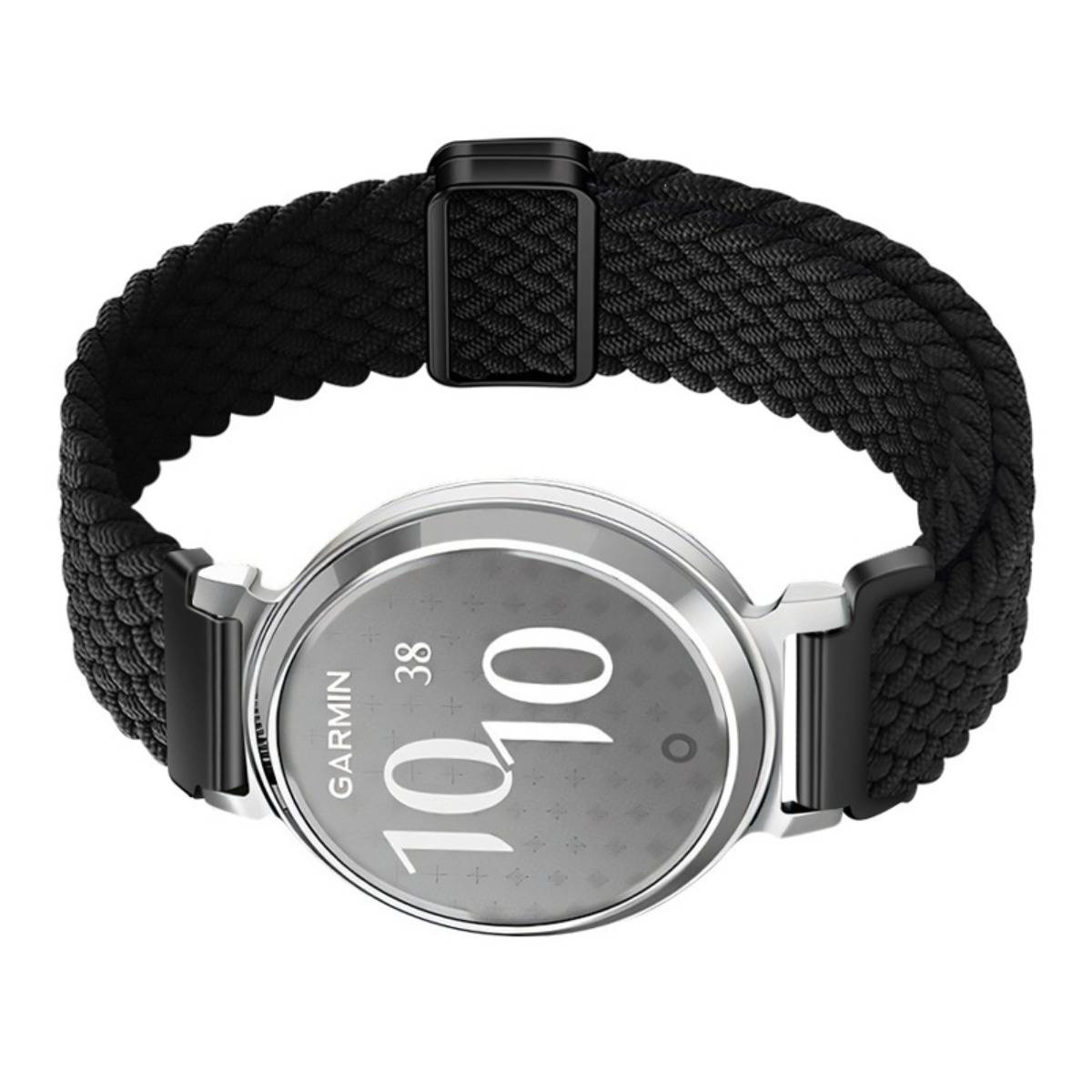 Garmin-Smartwatch mit rundem silbernem Zifferblatt und schwarzem geflochtenen Armband, Vorderansicht auf weißem Hintergrund.