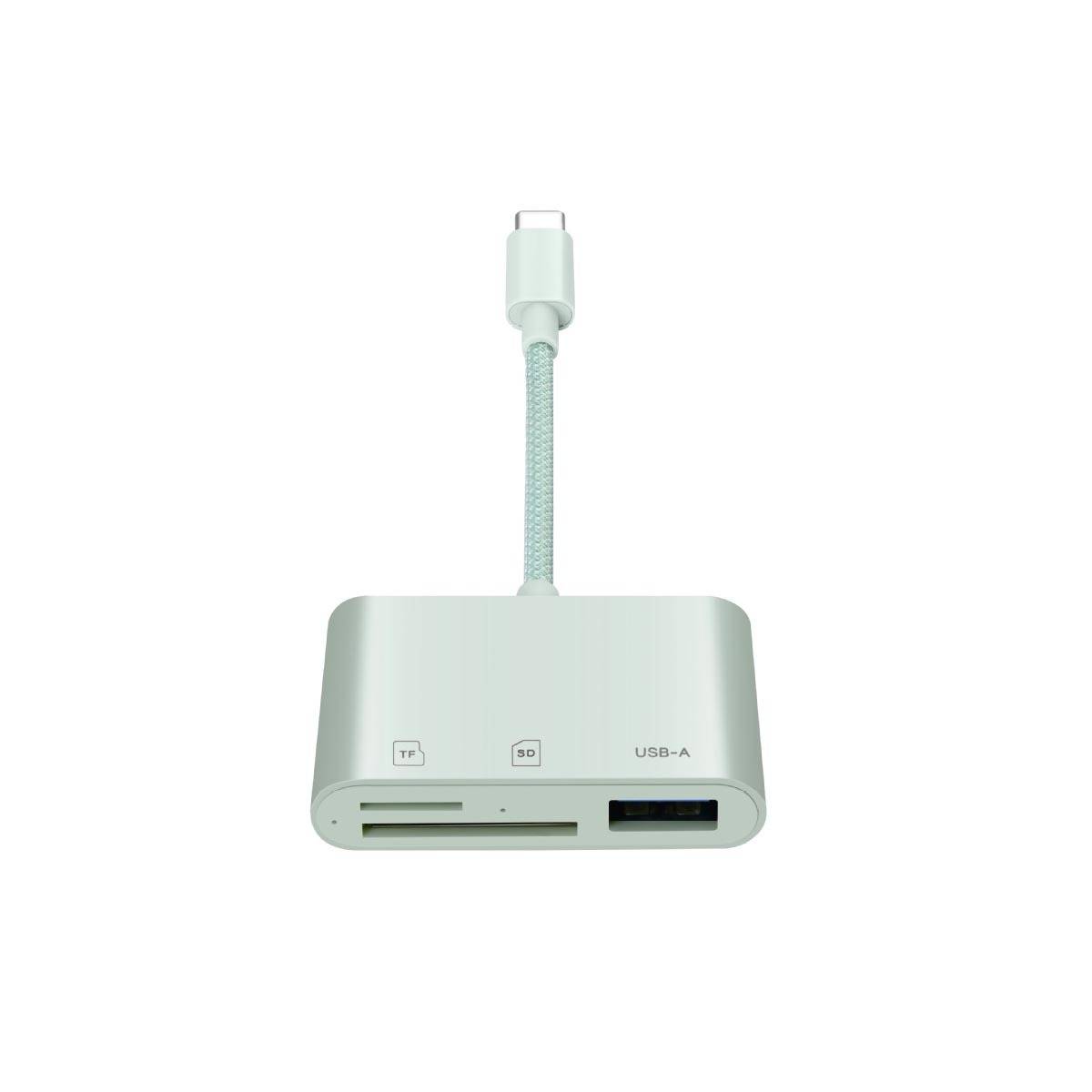 Ein minzgrüner USB-C-Hub-Adapter mit einem kurzen geflochtenen Kabel, zwei Kartenschächten und einem USB-A-Anschluss auf der Vorderseite.